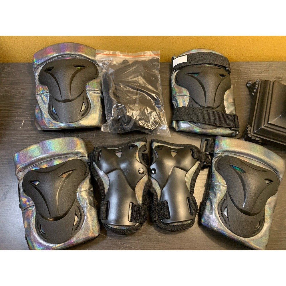 Adult Medium Protective Pad Set Iridescent Holographic Skateboard Bike Gear 6pc